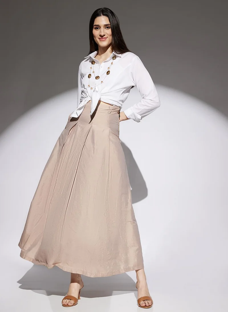 globus Women Beige High Rise Pleated Flared Maxi Skirt with Belt Loops